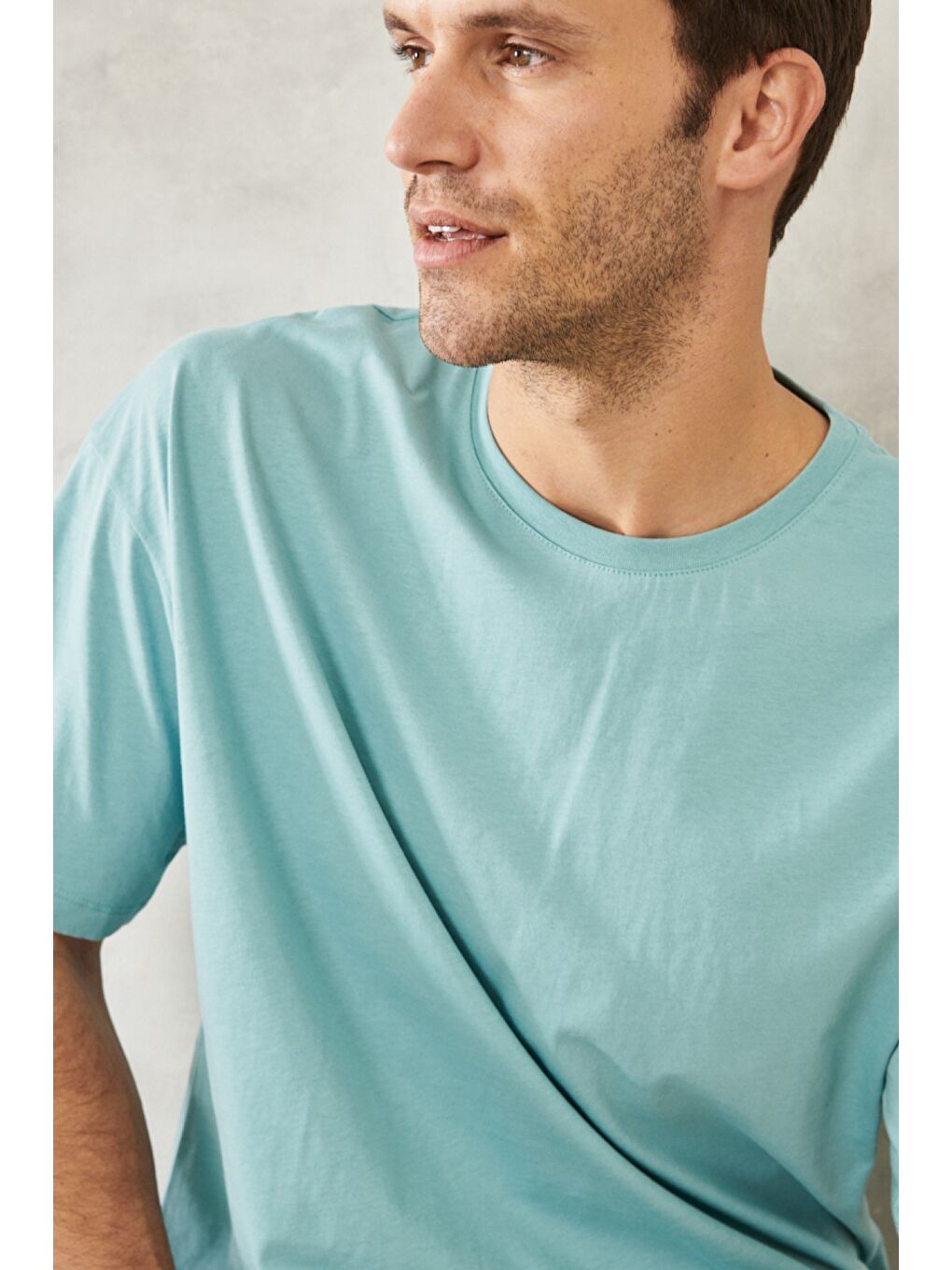 Erkek Petrol Oversize Bisiklet Yaka %100 Pamuk Tişört-2