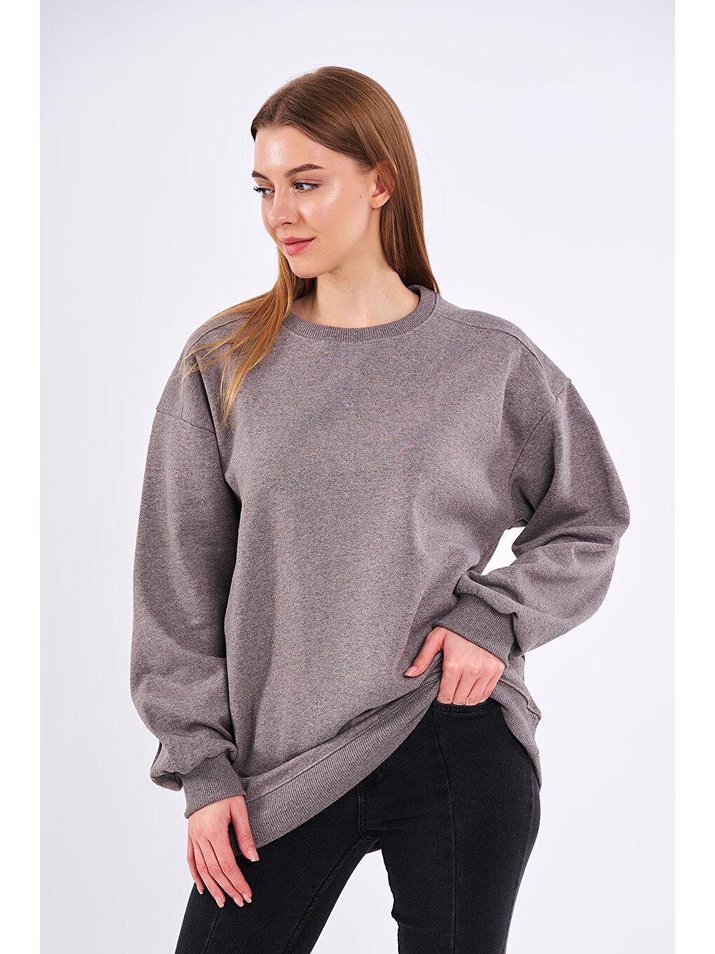 MMETALIC Kahverengi Kahve Kadın Pamuklu Oversize Basic Bisiklet Yaka Sweatshirt - 3