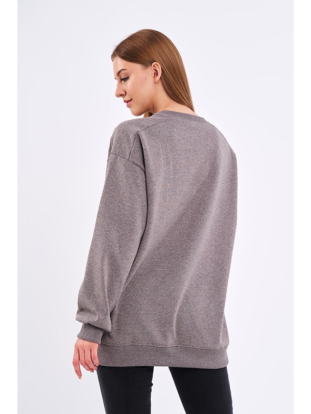 MMETALIC Kahverengi Kahve Kadın Pamuklu Oversize Basic Bisiklet Yaka Sweatshirt - 4