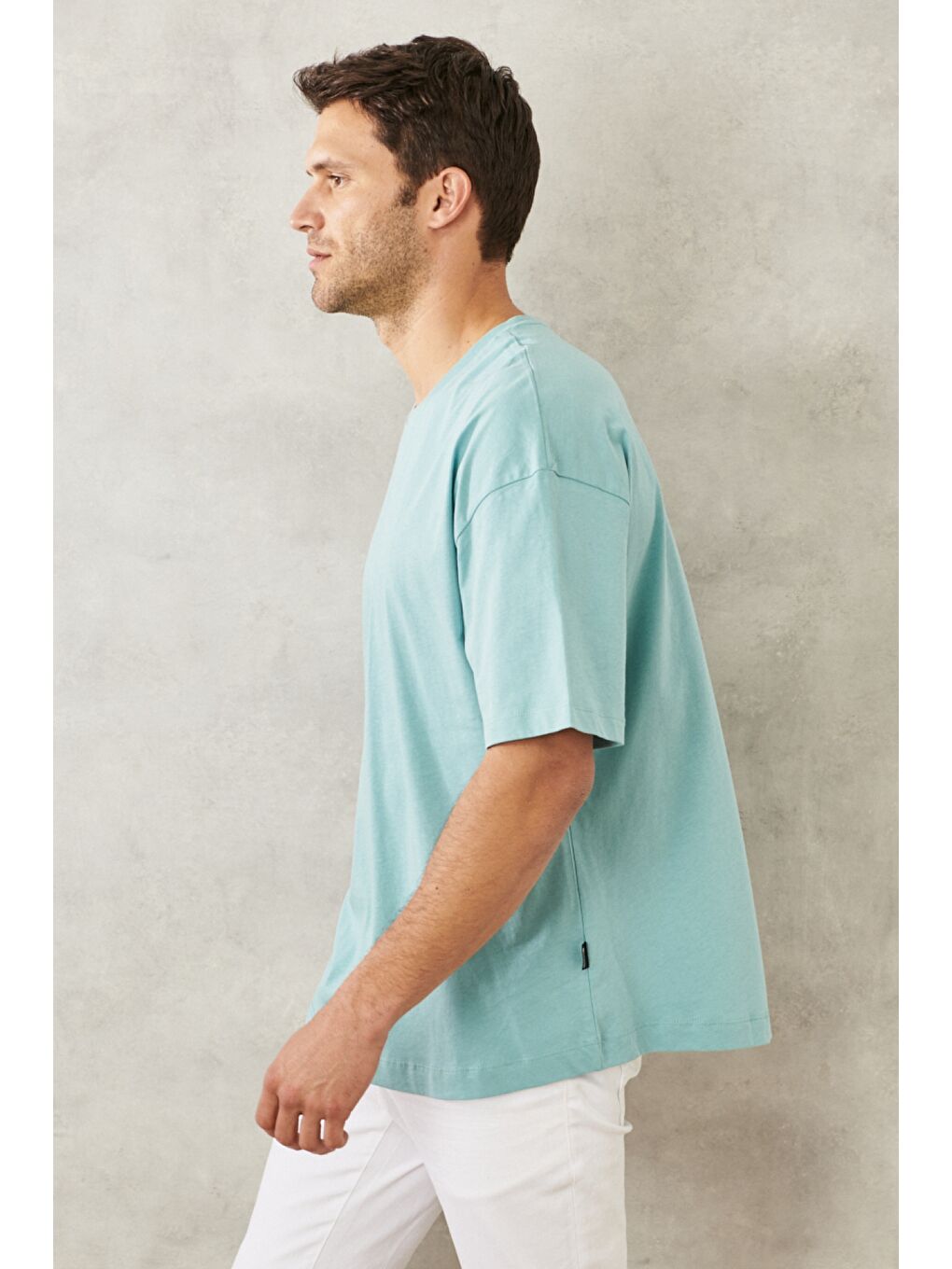 Erkek Petrol Oversize Bisiklet Yaka %100 Pamuk Tişört-3