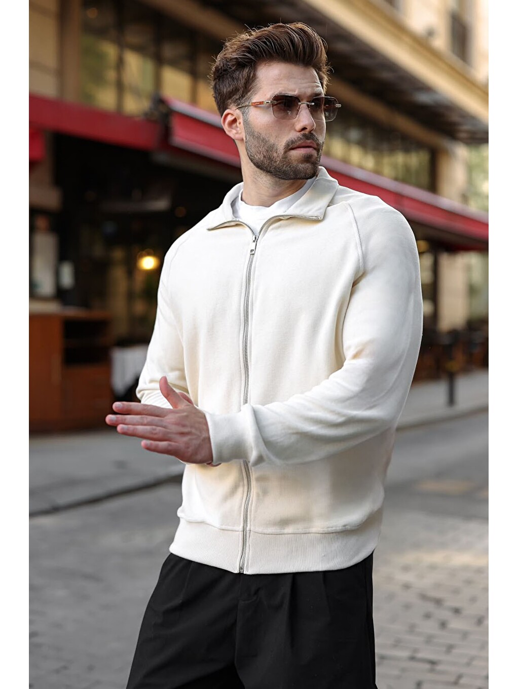 Bej Fermuarlı Dik Yaka Basic Erkek Hırka E7199-4