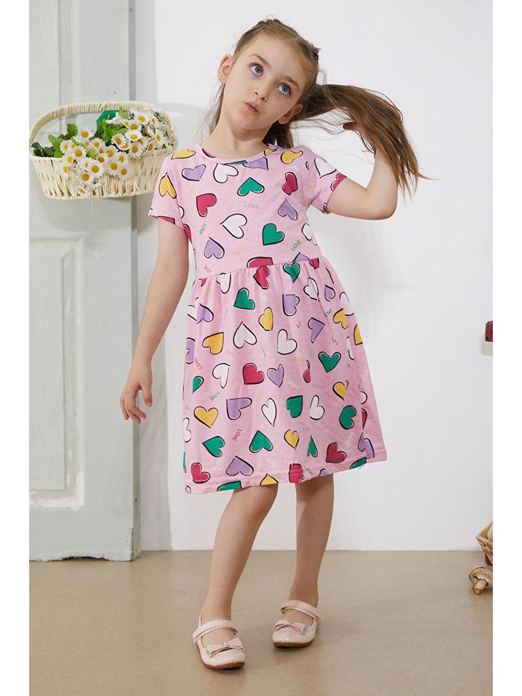 Pembe Kalp Baskılı Kısa Kollu Kız Çocuk Elbise 18779