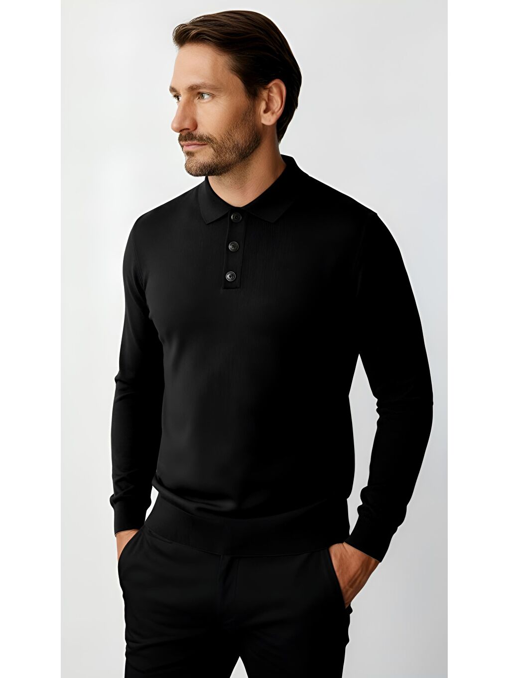 Siyah Dar Kalıp Polo Yaka Düz Uzun Kollu Triko-1