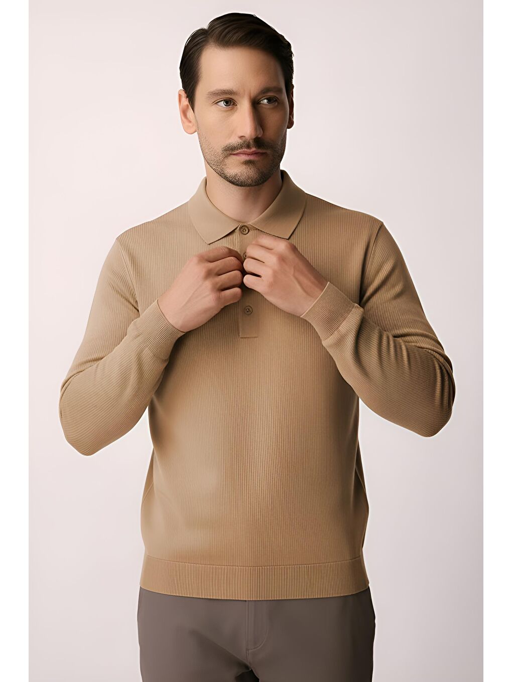 Kahverengi Açık Kahve Dar Kalıp Polo Yaka Düz Uzun Kollu Triko-2
