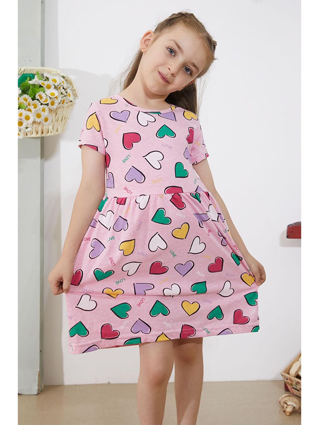 Pembe Kalp Baskılı Kısa Kollu Kız Çocuk Elbise 18779-1