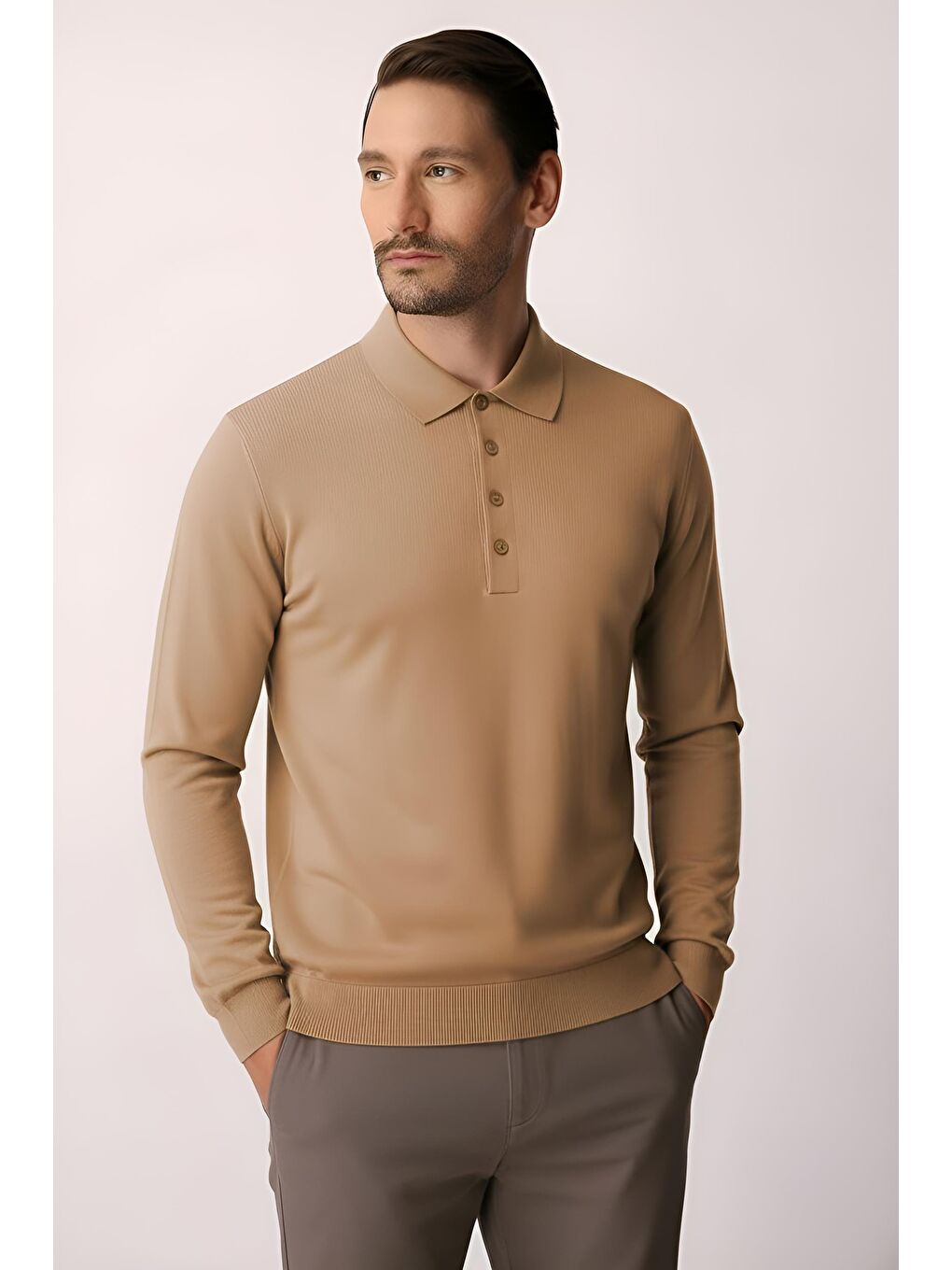 Kahverengi Açık Kahve Dar Kalıp Polo Yaka Düz Uzun Kollu Triko-3