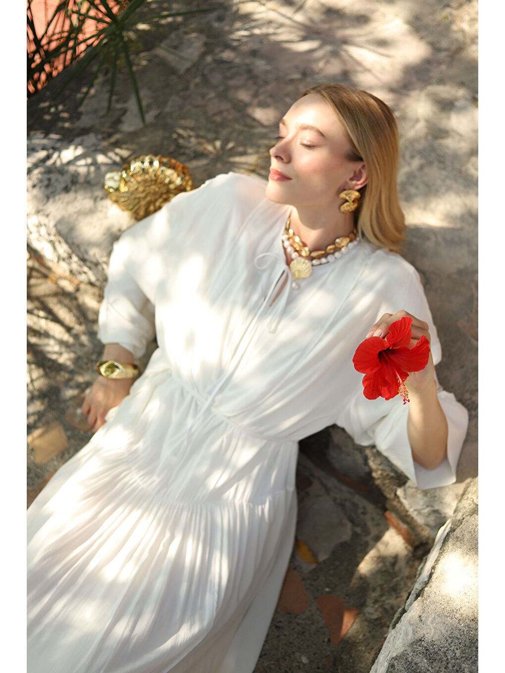 Dökümlü Uzun Elbise Ekru