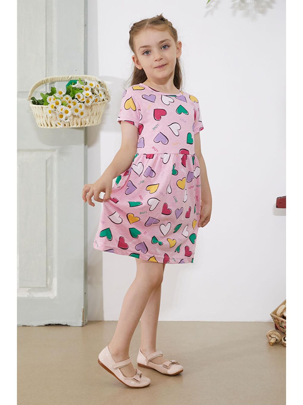 Pembe Kalp Baskılı Kısa Kollu Kız Çocuk Elbise 18779-2