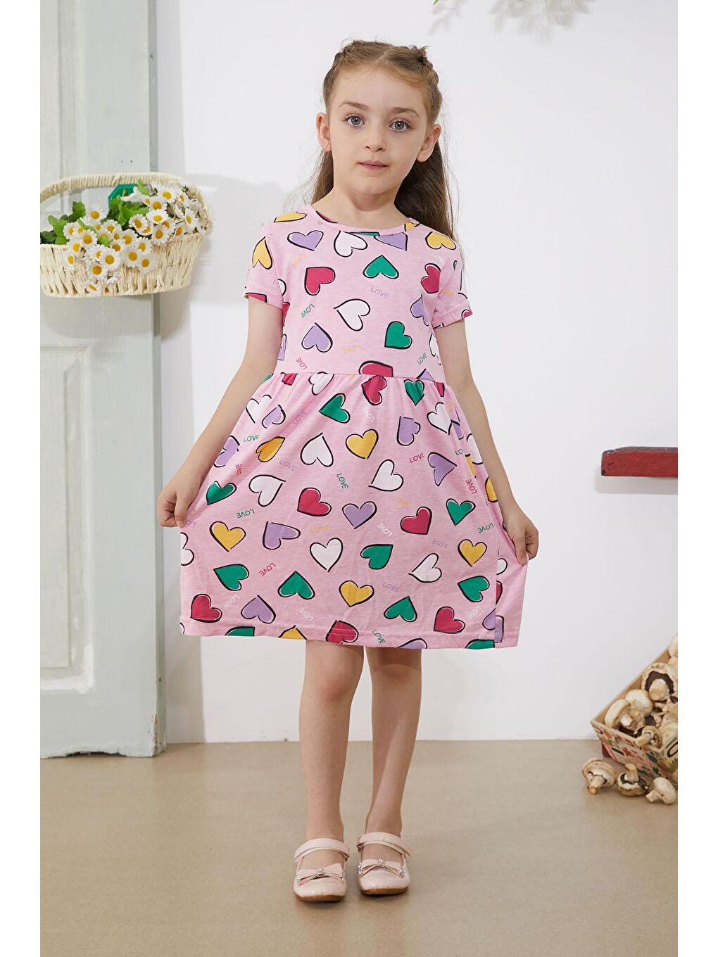 Pembe Kalp Baskılı Kısa Kollu Kız Çocuk Elbise 18779-3