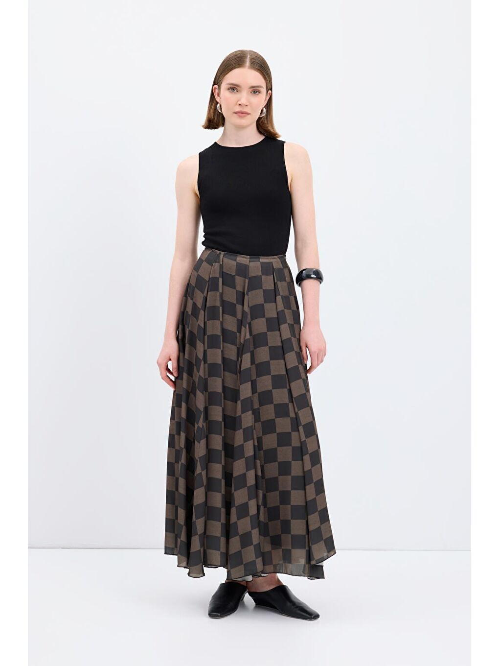 Ekose Desenli Uzun Kloş Etek Yeşil