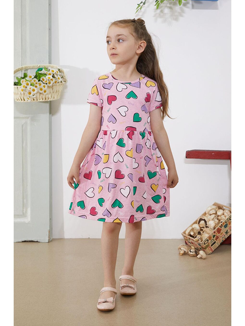 Pembe Kalp Baskılı Kısa Kollu Kız Çocuk Elbise 18779-4
