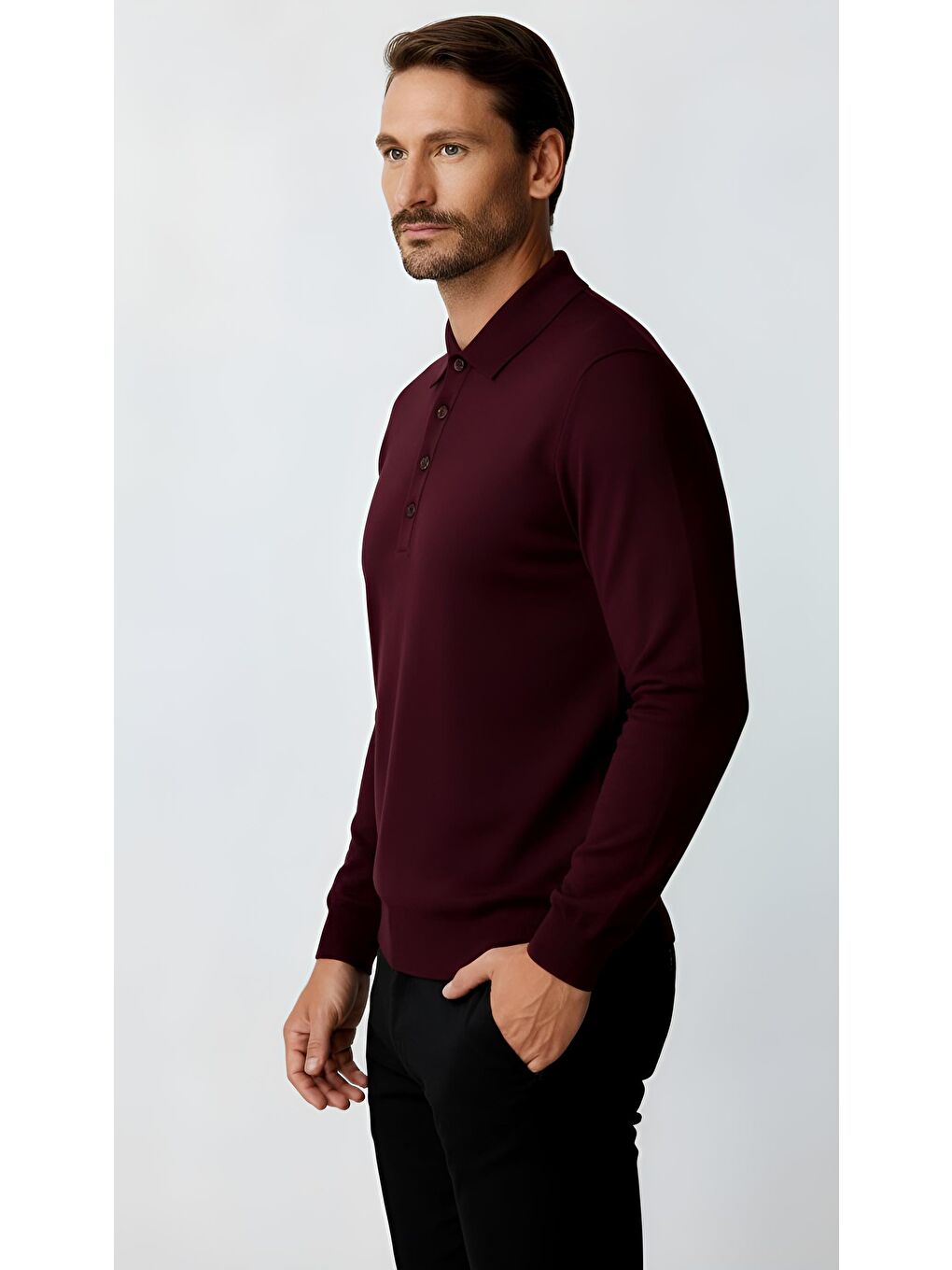 Mor Mürdüm Dar Kalıp Polo Yaka Düz Uzun Kollu Triko-1