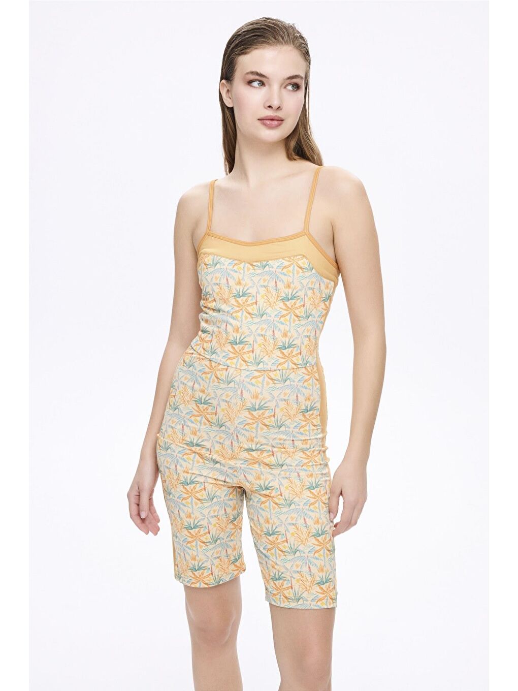 Desenli Turuncu Renk 4 Parça Yarı Kapalı Mayo - Tulum Takımı 5055-9