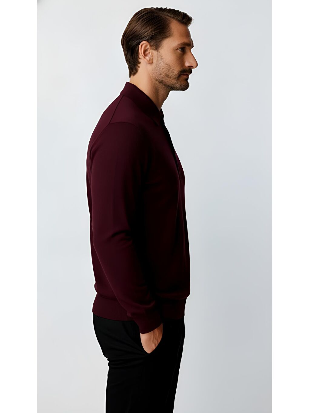 Mor Mürdüm Dar Kalıp Polo Yaka Düz Uzun Kollu Triko-2