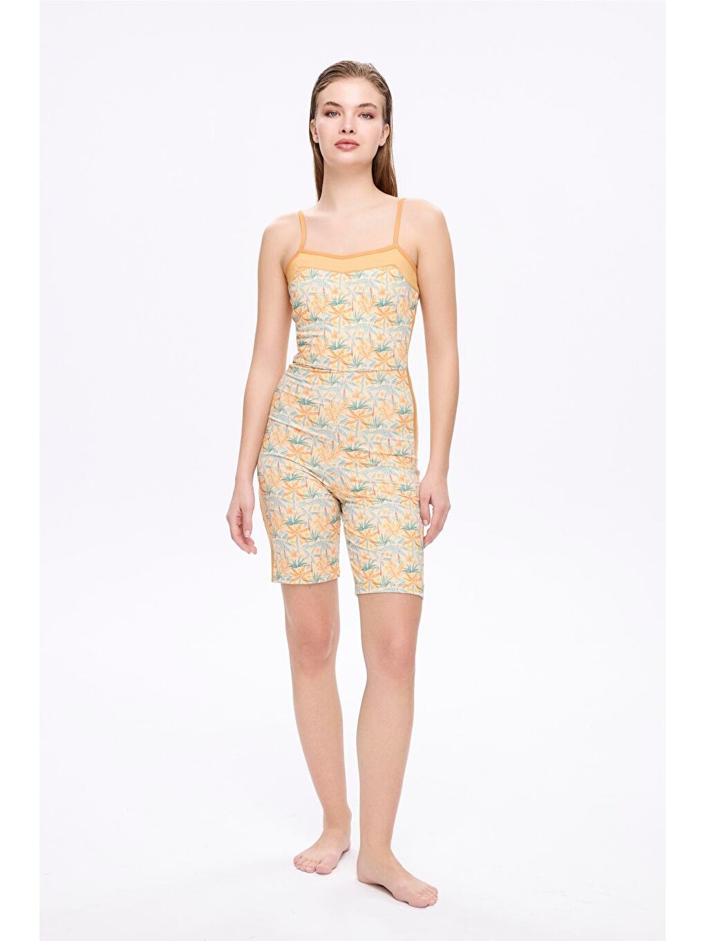 Desenli Turuncu Renk 4 Parça Yarı Kapalı Mayo - Tulum Takımı 5055-10