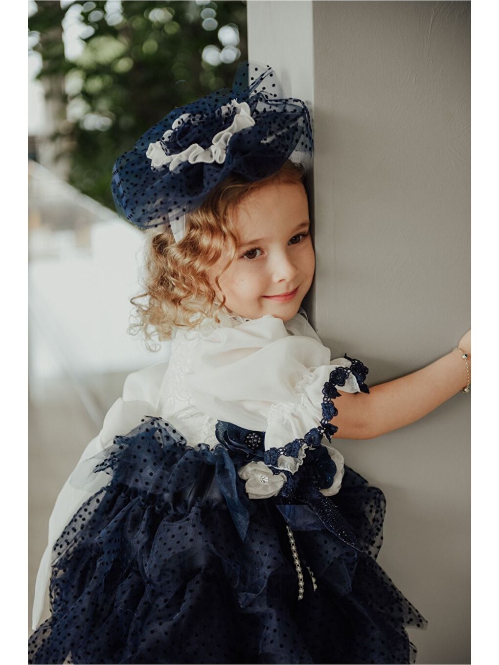 Lacivert Özel Tasarım Kız Çocuk Puantiyeli Elbise , Kısa Kız Çocuk Elbisesi, Saç Aksesuarlı Çocuk Abiye_M2349-1