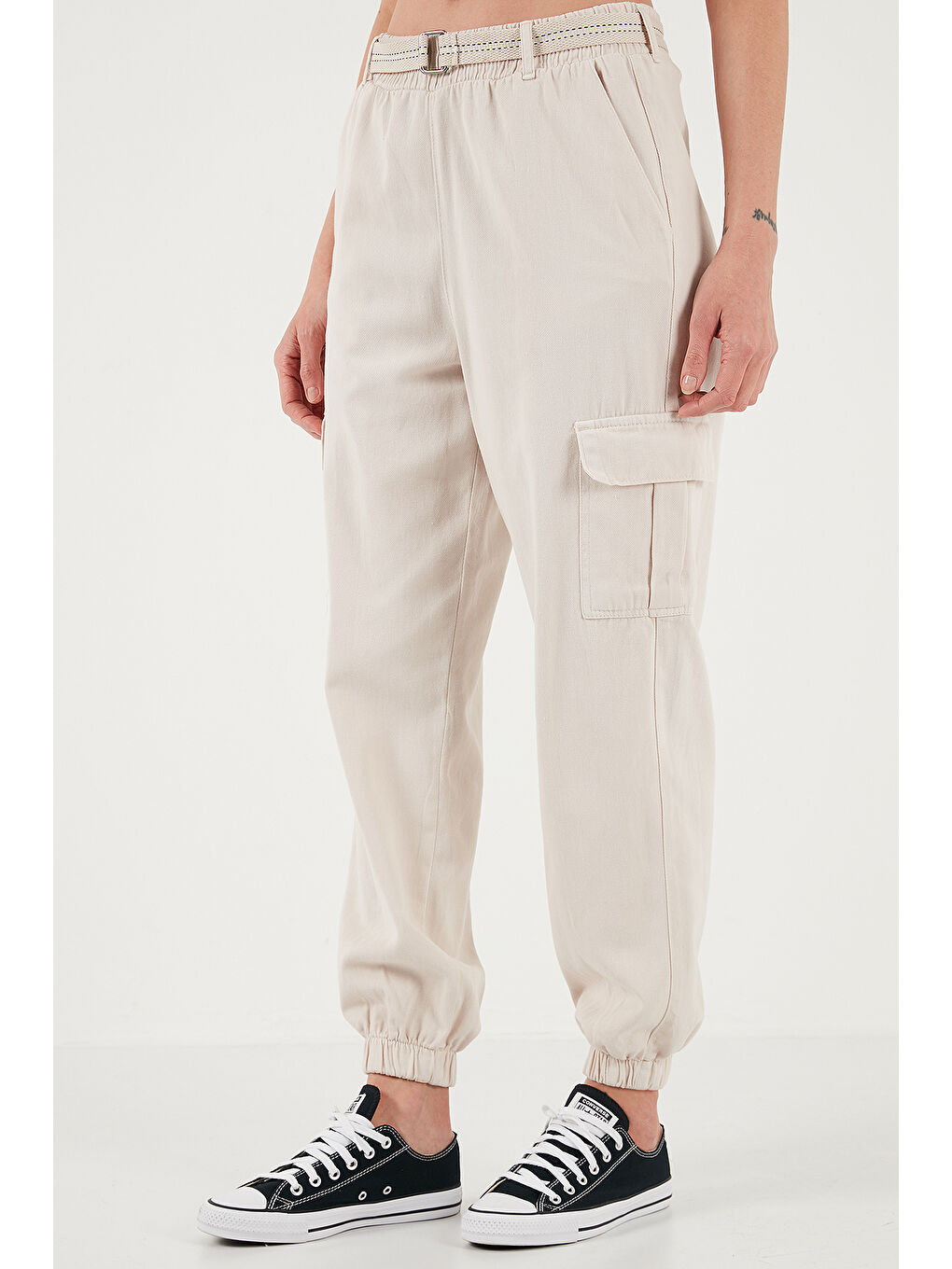 Lela Bej Pamuklu Standart Fit Normal Bel Lastikli Paça Kemerli Jogger Kadın Pantolon 668Yp5045 - 3