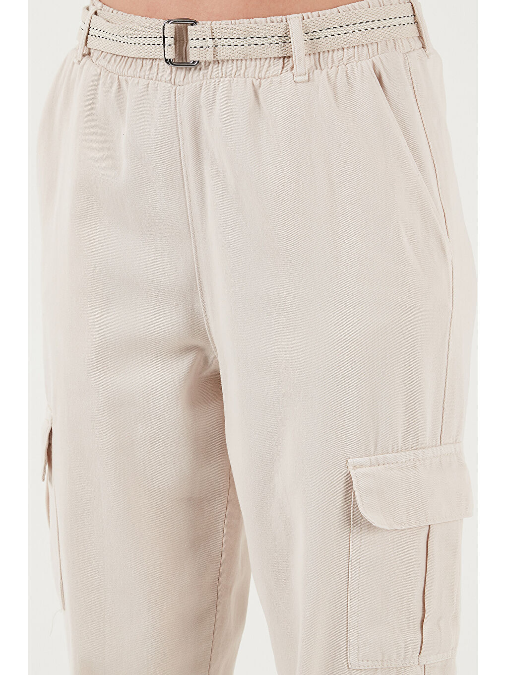 Lela Bej Pamuklu Standart Fit Normal Bel Lastikli Paça Kemerli Jogger Kadın Pantolon 668Yp5045 - 4
