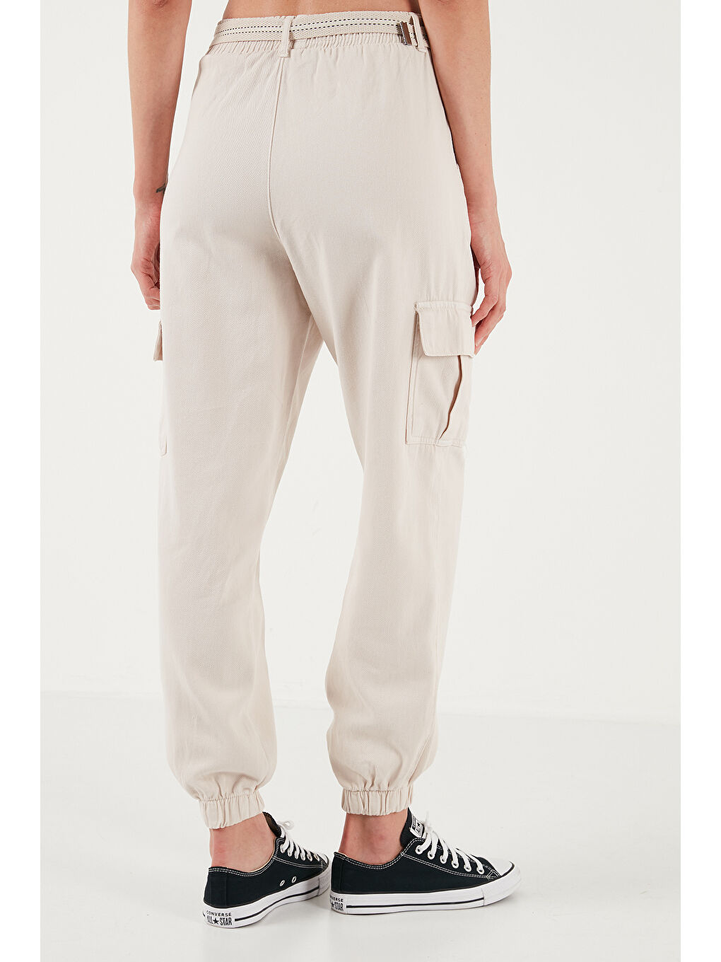 Lela Bej Pamuklu Standart Fit Normal Bel Lastikli Paça Kemerli Jogger Kadın Pantolon 668Yp5045 - 5