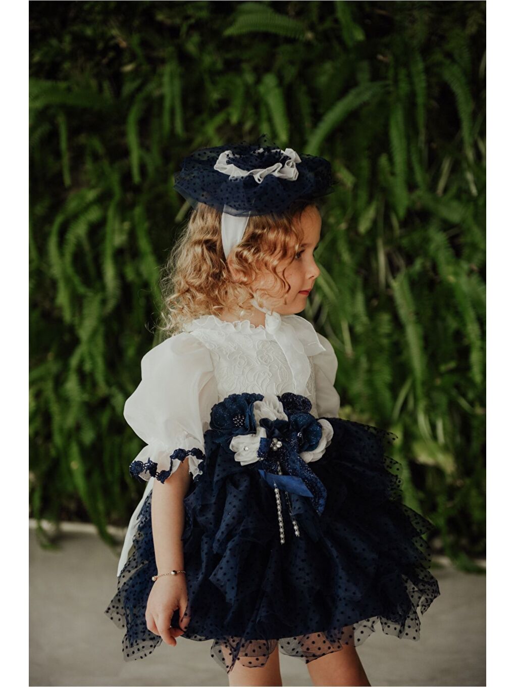 Lacivert Özel Tasarım Kız Çocuk Puantiyeli Elbise , Kısa Kız Çocuk Elbisesi, Saç Aksesuarlı Çocuk Abiye_M2349-2