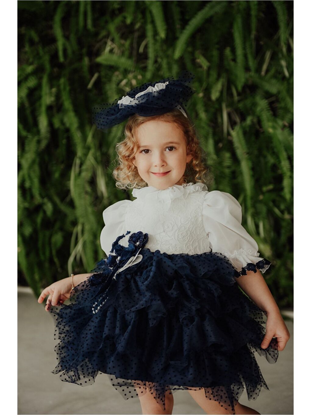 Lacivert Özel Tasarım Kız Çocuk Puantiyeli Elbise , Kısa Kız Çocuk Elbisesi, Saç Aksesuarlı Çocuk Abiye_M2349-3