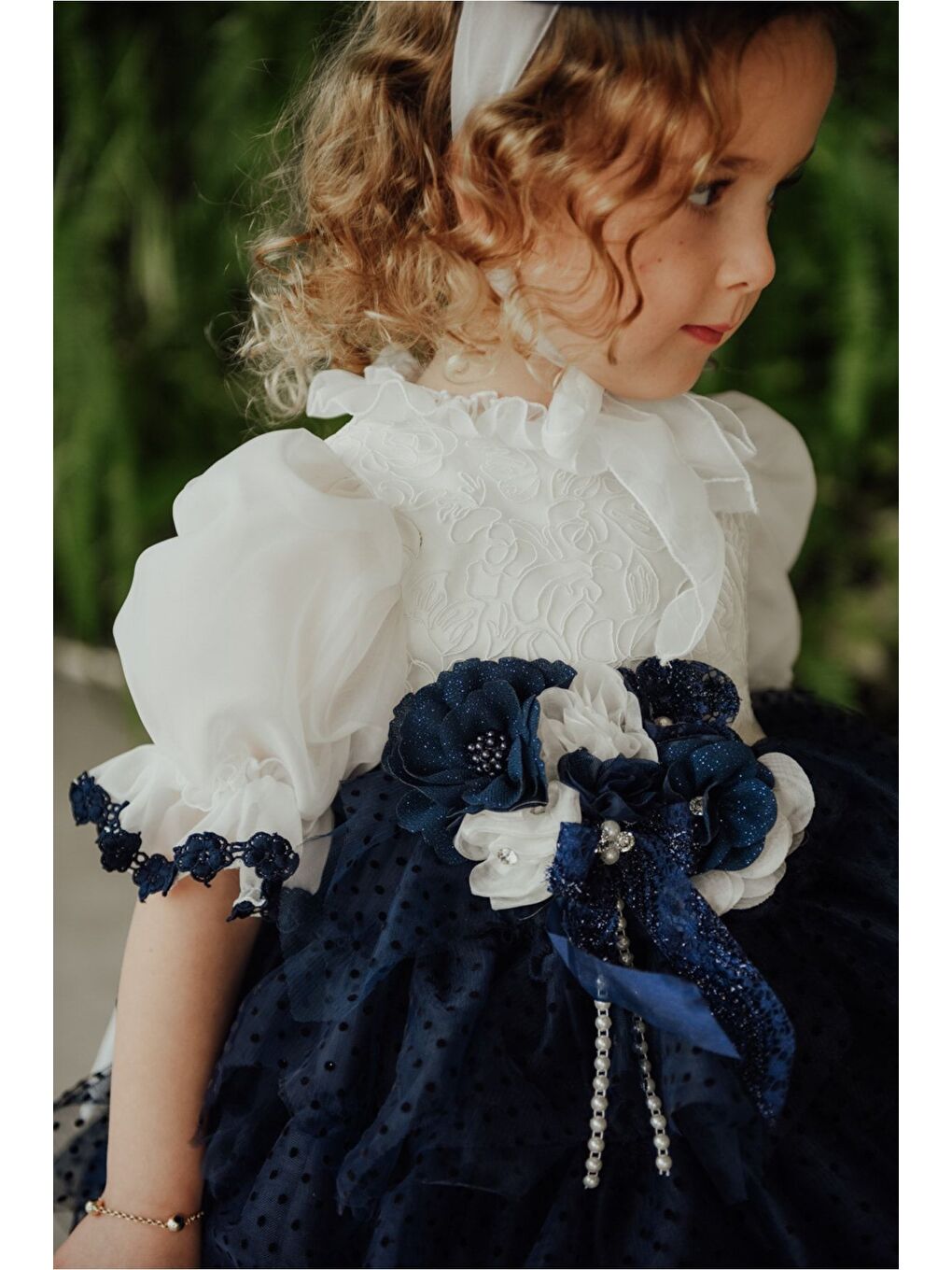 Lacivert Özel Tasarım Kız Çocuk Puantiyeli Elbise , Kısa Kız Çocuk Elbisesi, Saç Aksesuarlı Çocuk Abiye_M2349-4