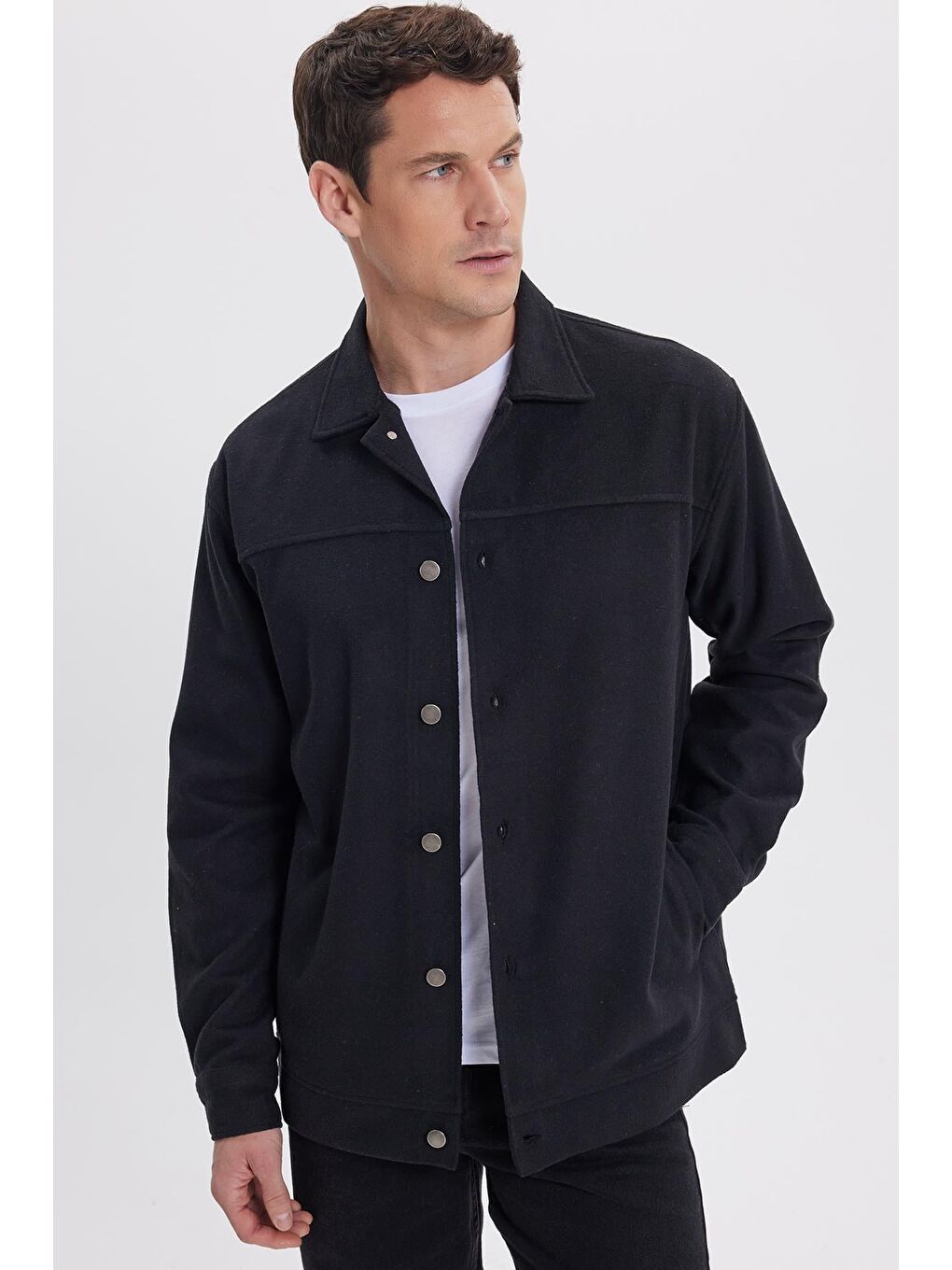 Erkek Relax Fit Rahat Kesim Yandan Flota Cep Oduncu Siyah Kaşe Ceket Mont-1