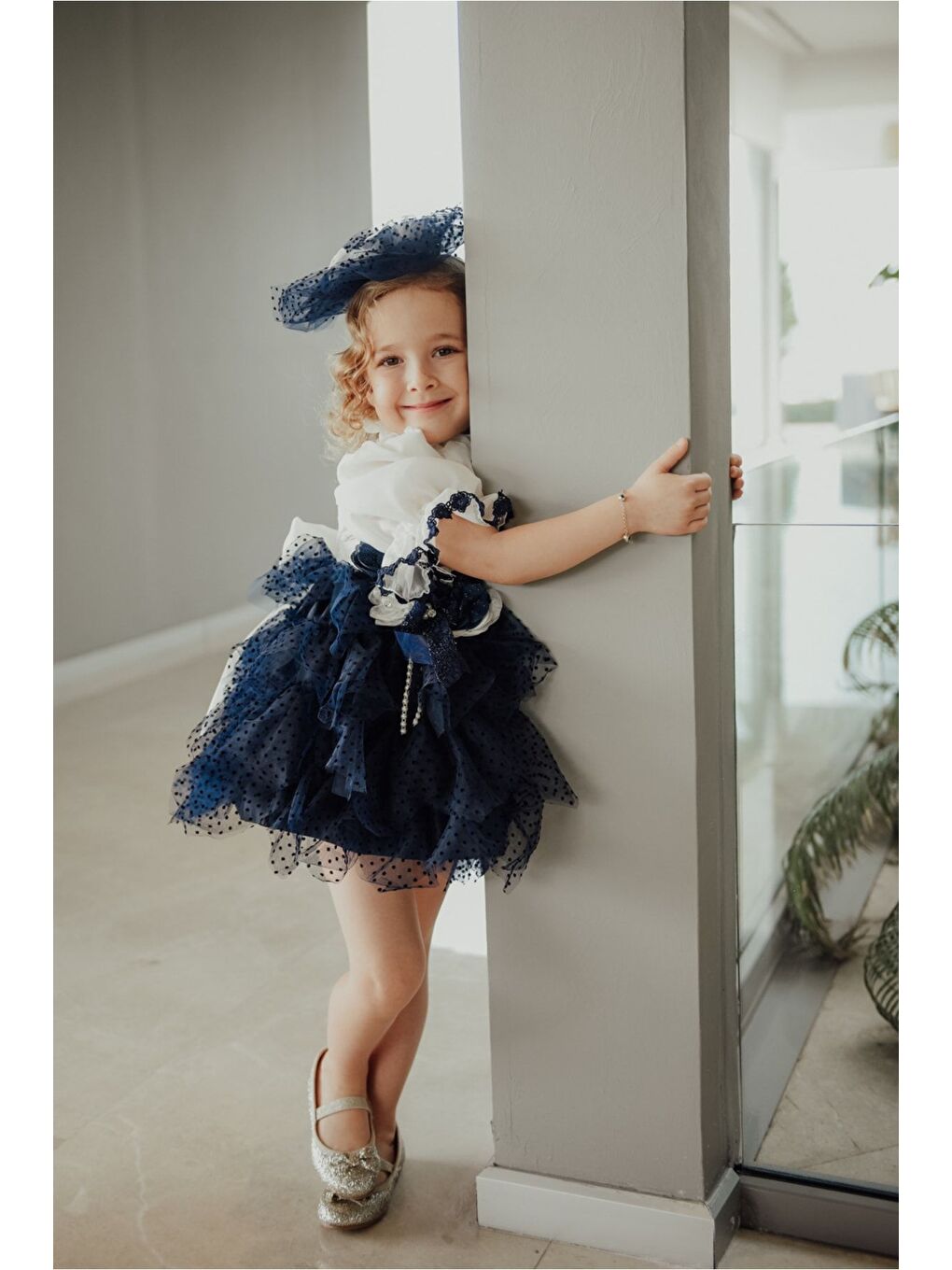 Lacivert Özel Tasarım Kız Çocuk Puantiyeli Elbise , Kısa Kız Çocuk Elbisesi, Saç Aksesuarlı Çocuk Abiye_M2349-5