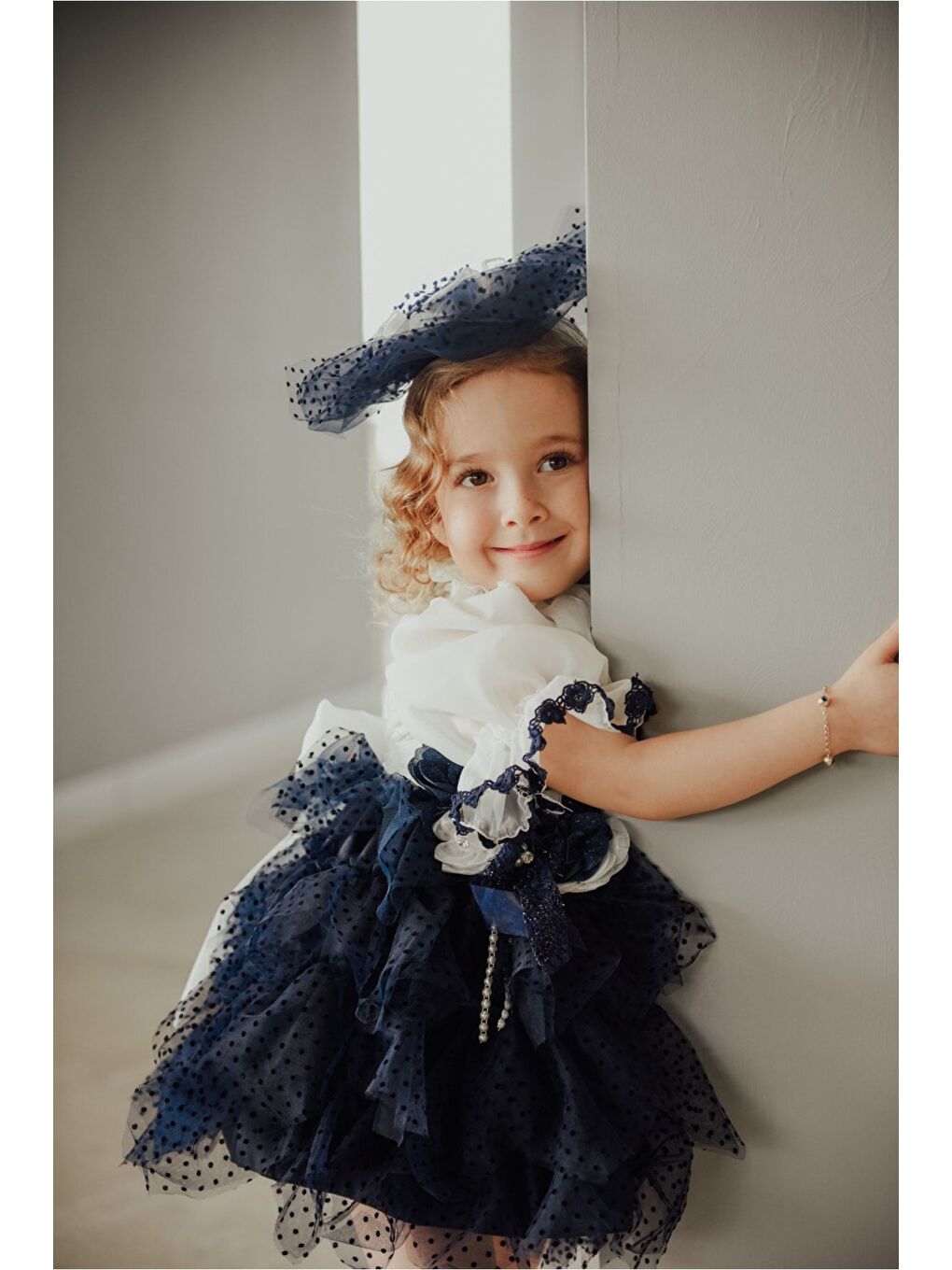 Lacivert Özel Tasarım Kız Çocuk Puantiyeli Elbise , Kısa Kız Çocuk Elbisesi, Saç Aksesuarlı Çocuk Abiye_M2349-6