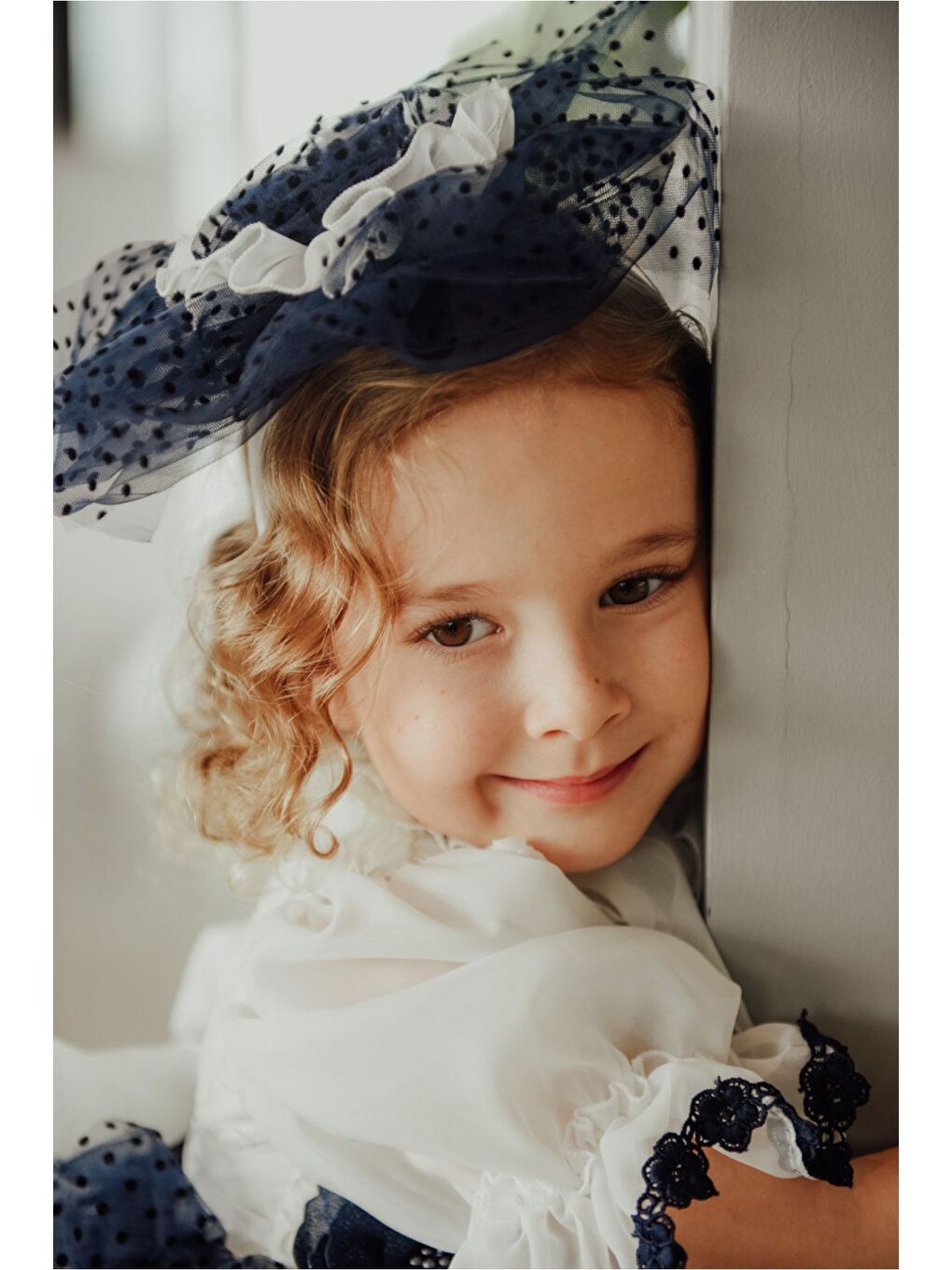 Lacivert Özel Tasarım Kız Çocuk Puantiyeli Elbise , Kısa Kız Çocuk Elbisesi, Saç Aksesuarlı Çocuk Abiye_M2349-7