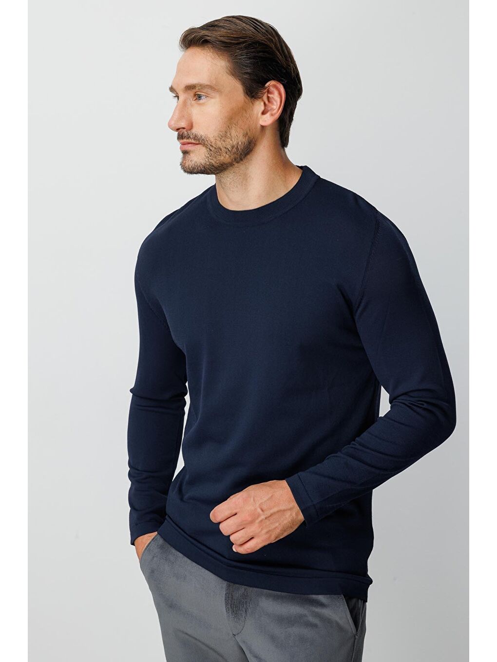 Lacivert Dar Kalıp Bisiklet Yaka Düz Uzun Kollu Triko-1