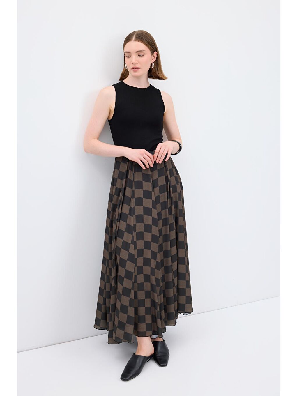 Ekose Desenli Uzun Kloş Etek Yeşil-2