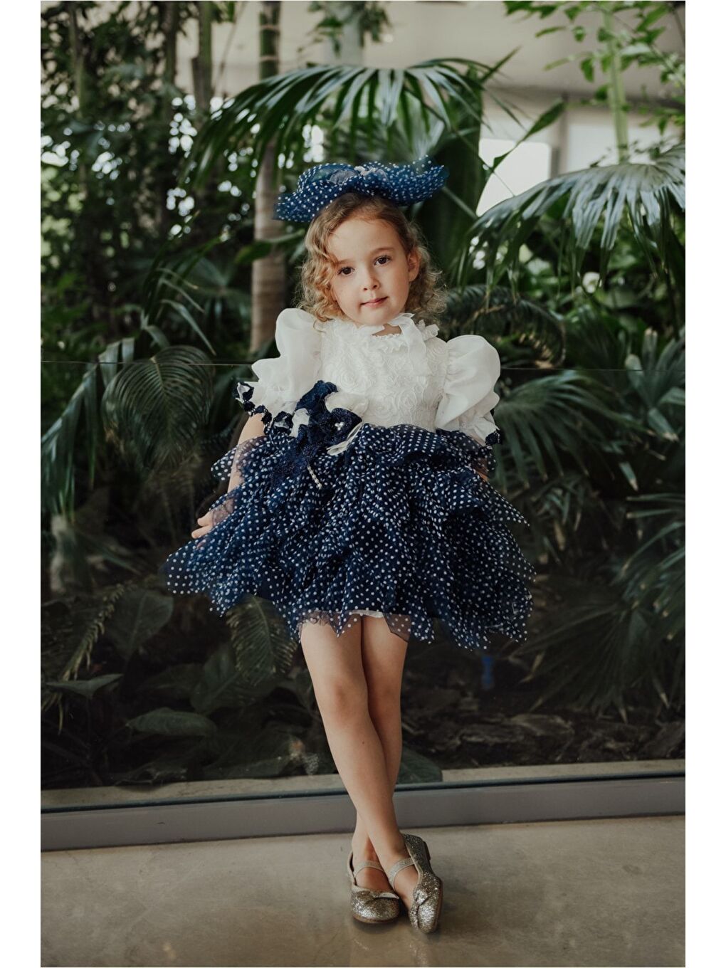 Beyaz Özel Tasarım Kız Çocuk Puantiyeli Elbise , Kısa Kız Çocuk Elbisesi, Saç Aksesuarlı Çocuk Abiye_M2349-3