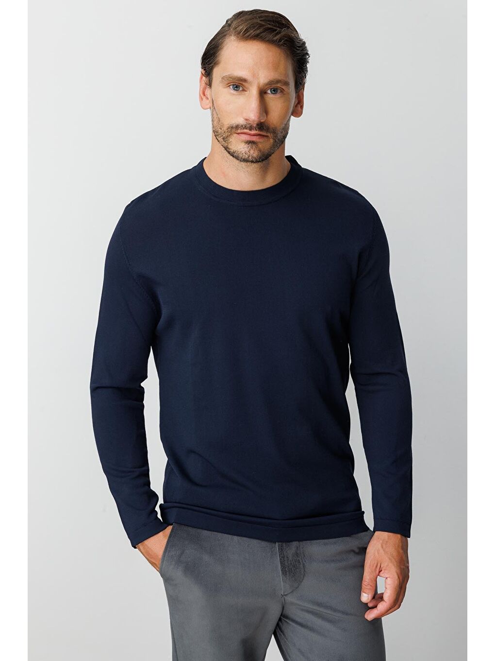 Lacivert Dar Kalıp Bisiklet Yaka Düz Uzun Kollu Triko-2