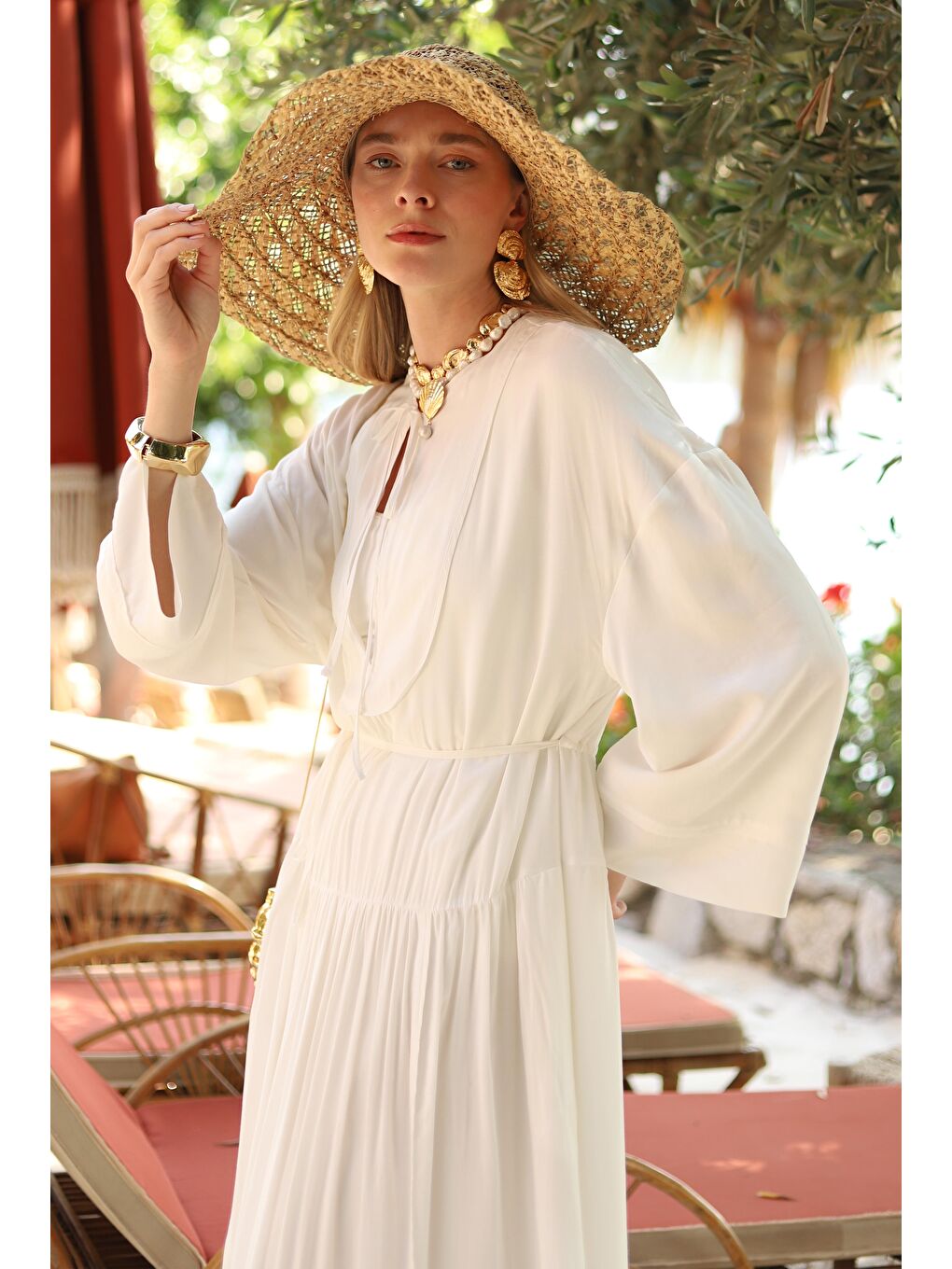 Dökümlü Uzun Elbise Ekru-2