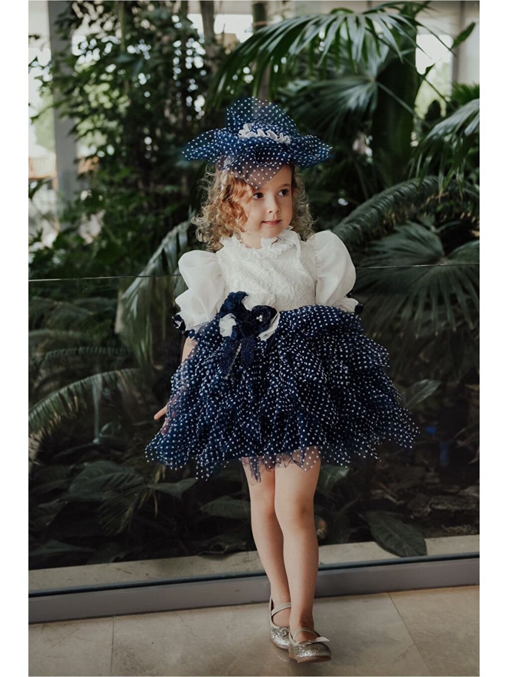 Beyaz Özel Tasarım Kız Çocuk Puantiyeli Elbise , Kısa Kız Çocuk Elbisesi, Saç Aksesuarlı Çocuk Abiye_M2349-6
