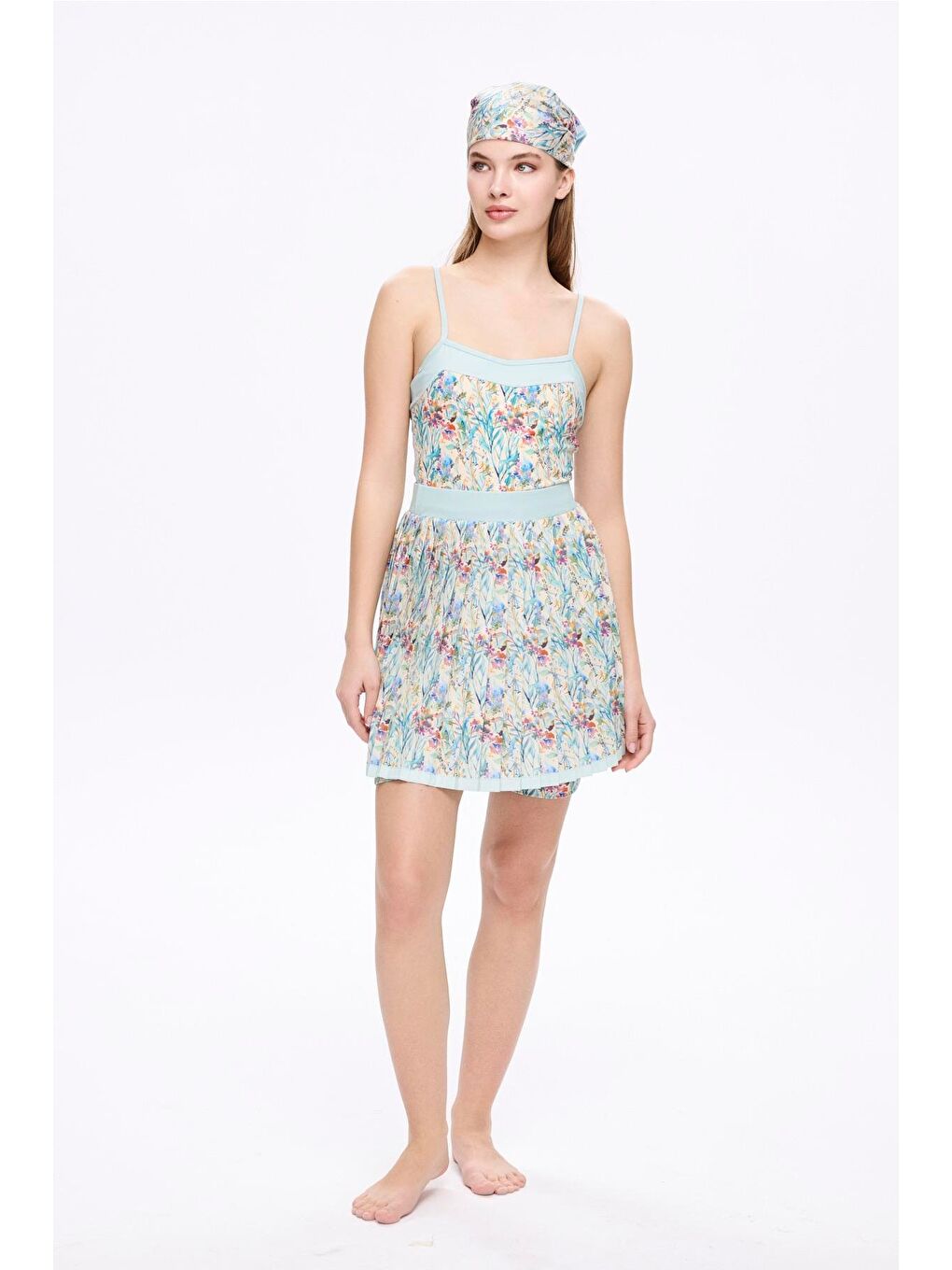 Yeşil Desenli Mavi Renk 4 Parça Yarı Kapalı Mayo - Tulum Takımı 5056