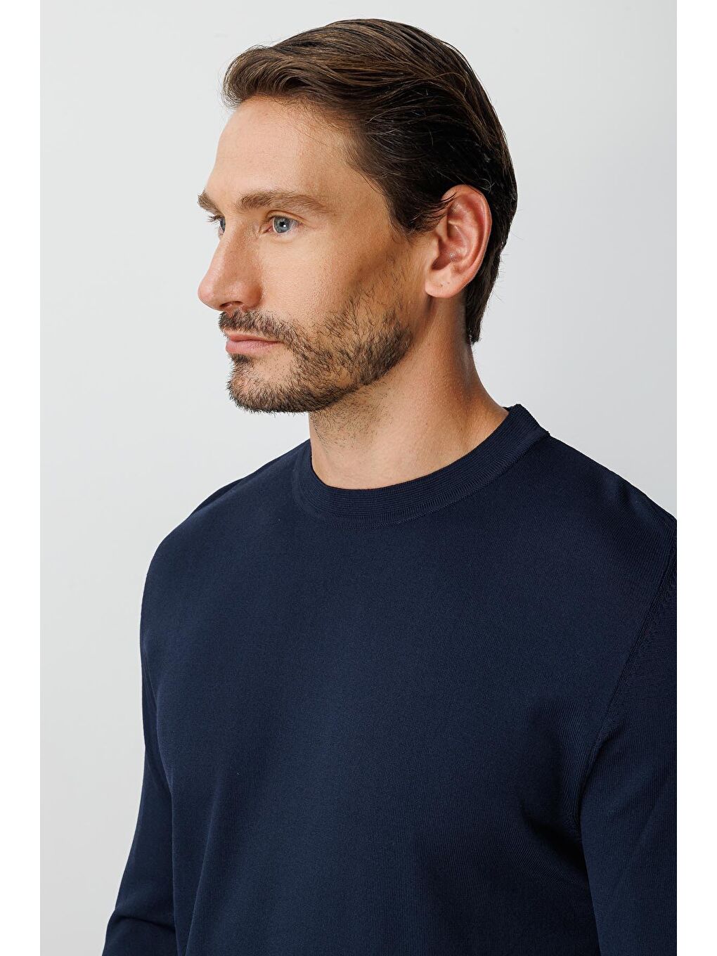 Lacivert Dar Kalıp Bisiklet Yaka Düz Uzun Kollu Triko-3