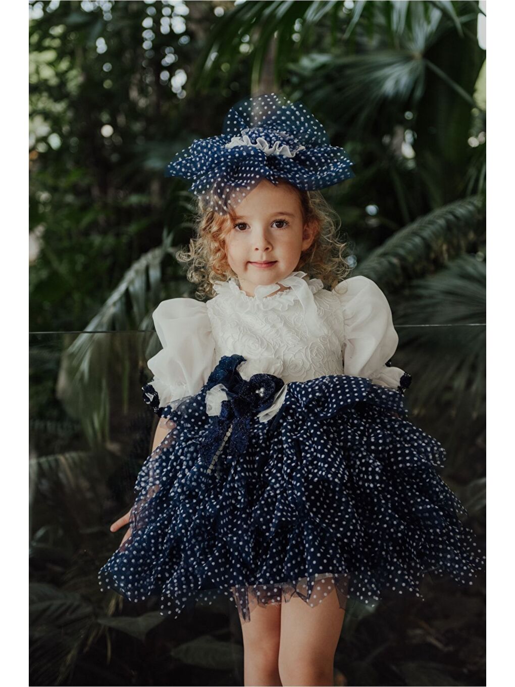 Beyaz Özel Tasarım Kız Çocuk Puantiyeli Elbise , Kısa Kız Çocuk Elbisesi, Saç Aksesuarlı Çocuk Abiye_M2349-7