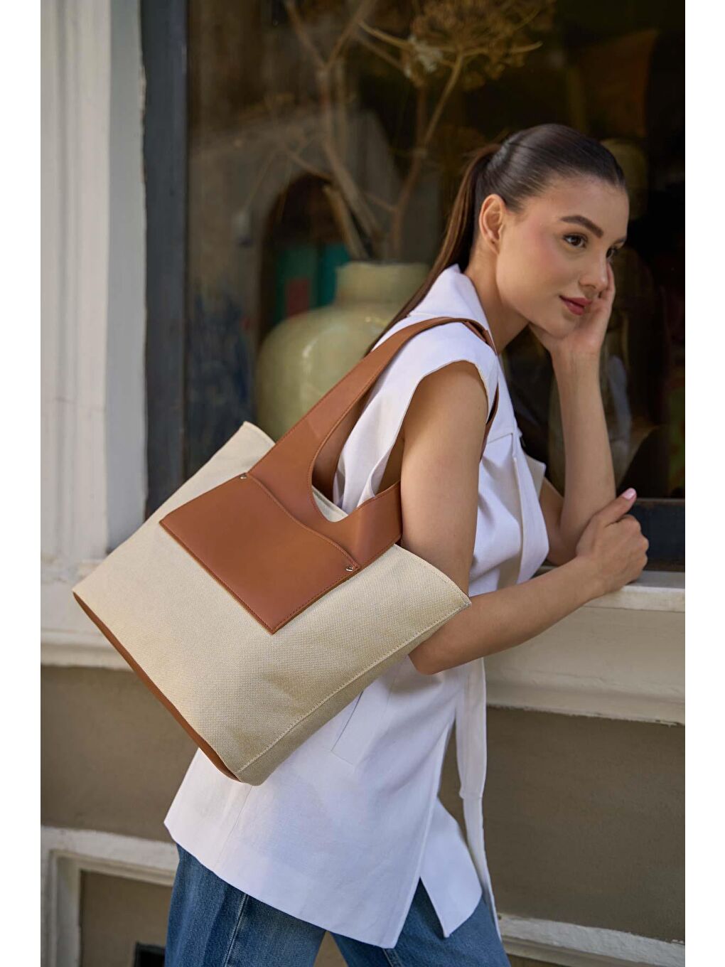 Kahverengi Cepli Kanvas Omuz Çantası Taba-3