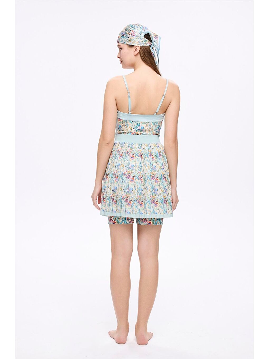 Yeşil Desenli Mavi Renk 4 Parça Yarı Kapalı Mayo - Tulum Takımı 5056-4