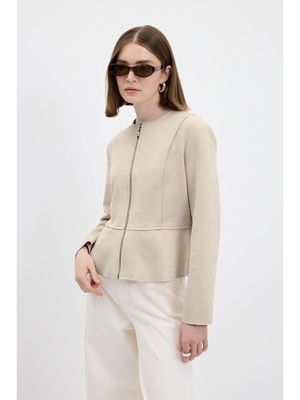 Fermuarlı Bisiklet Yaka Kısa Süet Ceket Bej