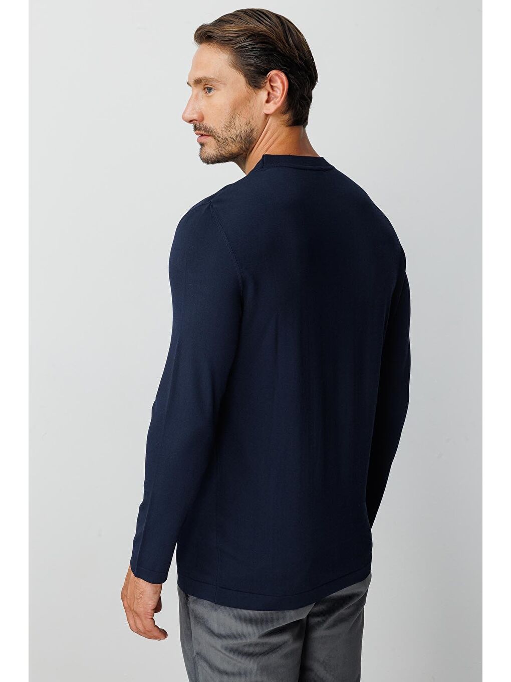 Lacivert Dar Kalıp Bisiklet Yaka Düz Uzun Kollu Triko-5