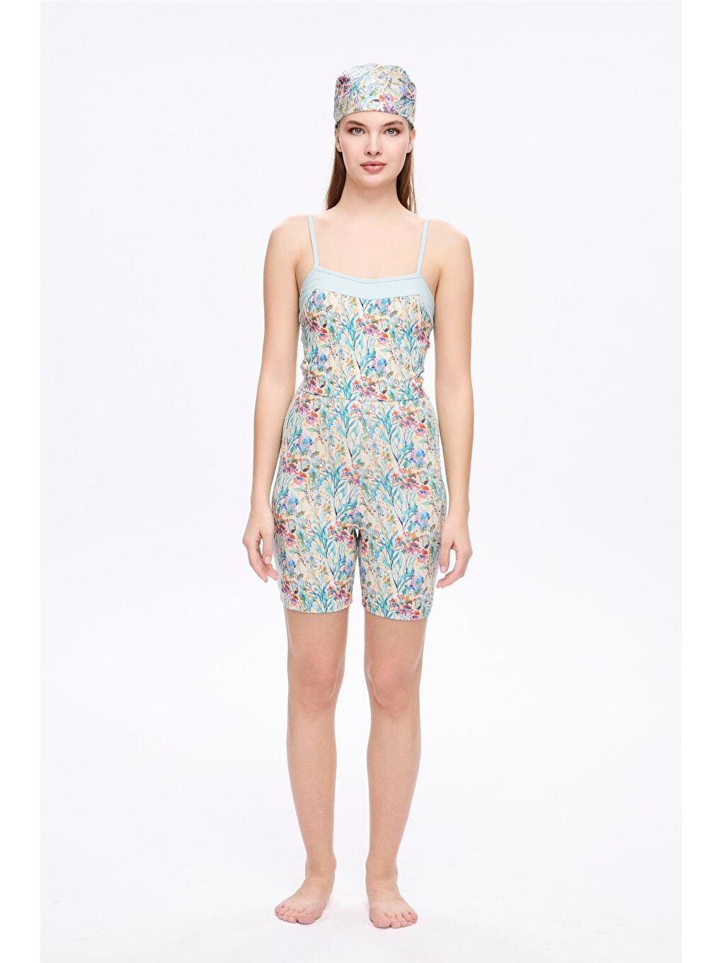 Yeşil Desenli Mavi Renk 4 Parça Yarı Kapalı Mayo - Tulum Takımı 5056-5