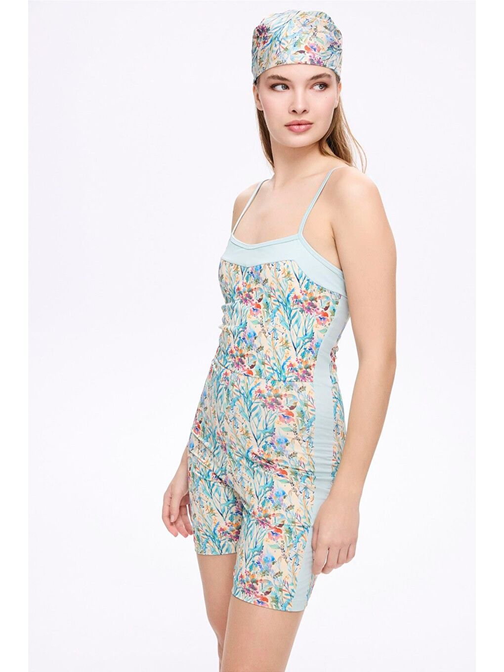 Yeşil Desenli Mavi Renk 4 Parça Yarı Kapalı Mayo - Tulum Takımı 5056-6