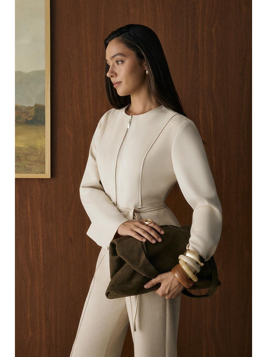 Fermuarlı Bisiklet Yaka Kısa Süet Ceket Bej-1