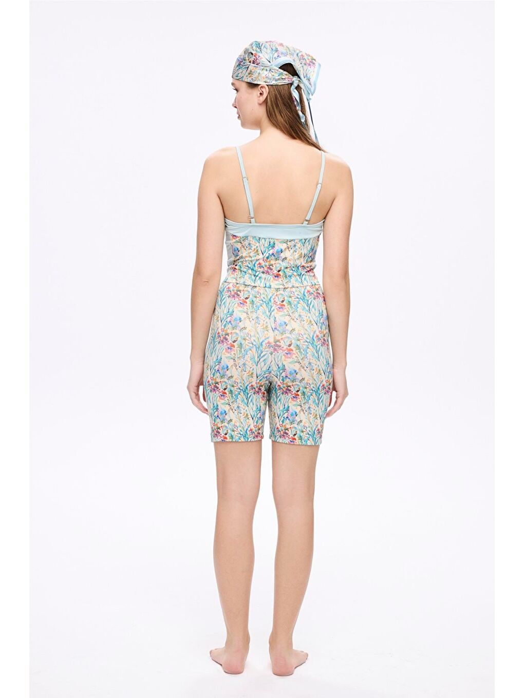 Yeşil Desenli Mavi Renk 4 Parça Yarı Kapalı Mayo - Tulum Takımı 5056-7