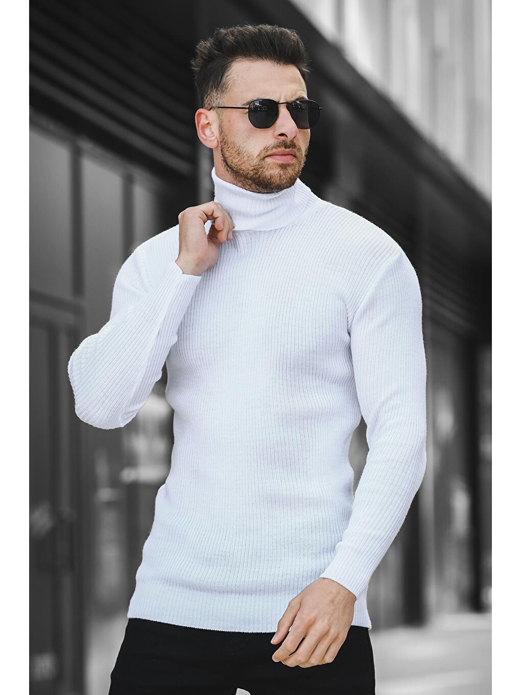 Oksit Beyaz 813 İnce Fitilli Slim Fit Erkek Boğazlı Kazak - 1