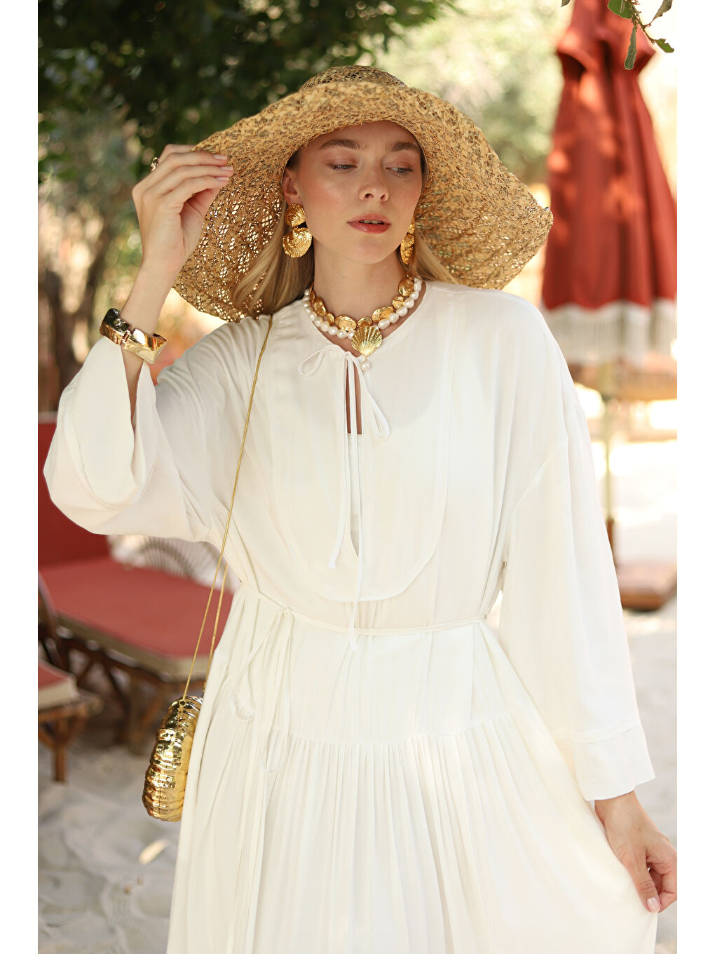 Dökümlü Uzun Elbise Ekru-3