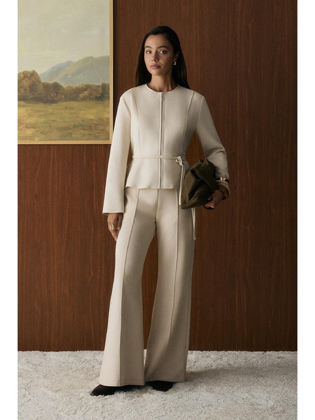 Fermuarlı Bisiklet Yaka Kısa Süet Ceket Bej-4